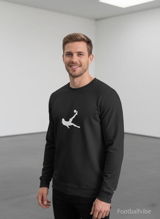 FussballVibe black unisex pullover with a white graphic of a soccer player performing a bicycle kick.